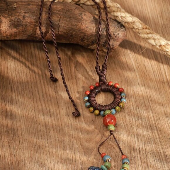 Boho Hippie Colorful Ceramic Beads Strand O Ring Circle Charm Long Y Necklace, V - Picture 2 of 7